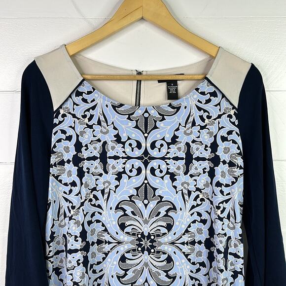 ALFANI Blue Cream Lace Overlay Zipper Back 3/4 Sleeve Mini Tunic Dress Small - Picture 5 of 11